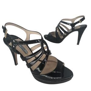 Prada Patent Leather Vitello Strappy Open Toe Heeled Sandals in Black